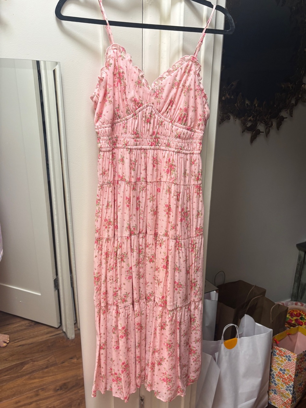 Francesca's Collections Pink Floral Maxi Dress with Spaghetti Straps